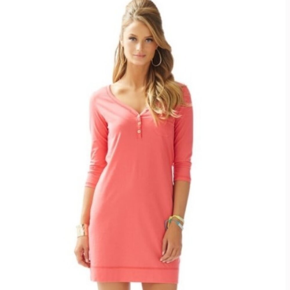 Lilly Pulitzer Palmetto Dress Size M Island Coral Pink Henley V Neck Shirtdress - Picture 14 of 15
